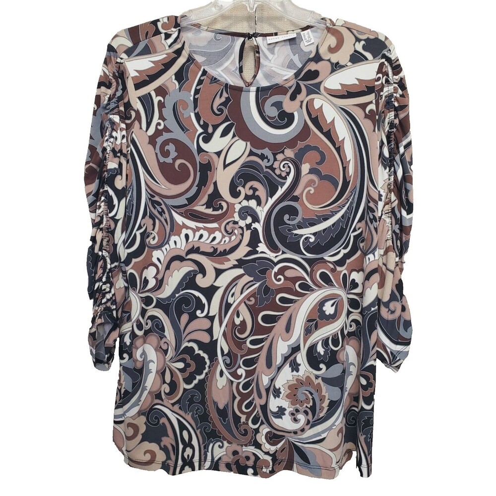 Susan Graver LiquidKnit Brown Paisley Printed Ruched Sleeve Tunic Size 1X Boho